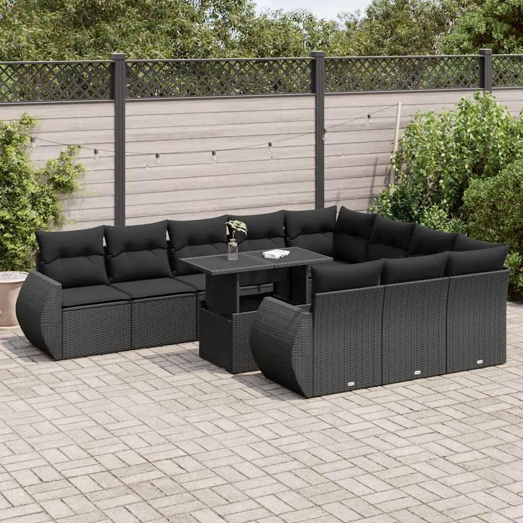 vidaXL 11 részes fekete polyrattan kerti ülőgarnitúra párnákkal