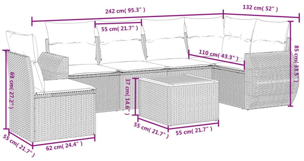 7 részes fekete polyrattan kerti ülőgarnitúra párnával