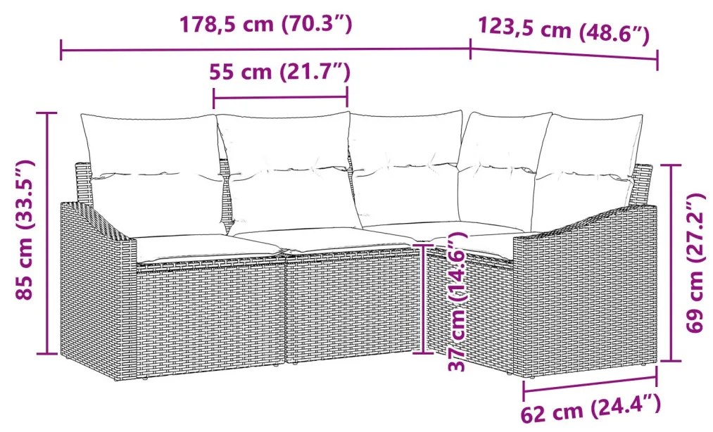 4 Részes Kert Kanapé Szett Párnákkal Világosszürke Poli Rattan