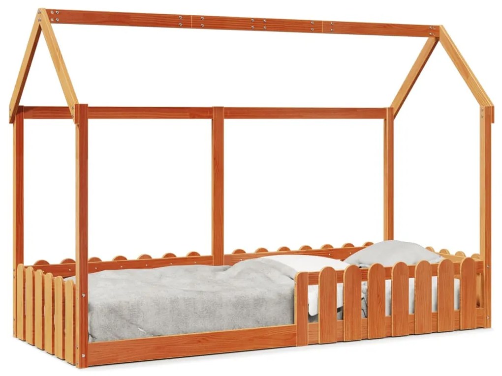 viaszbarna tömör fenyőfa házikó gyerekágykeret 80 x 200 cm