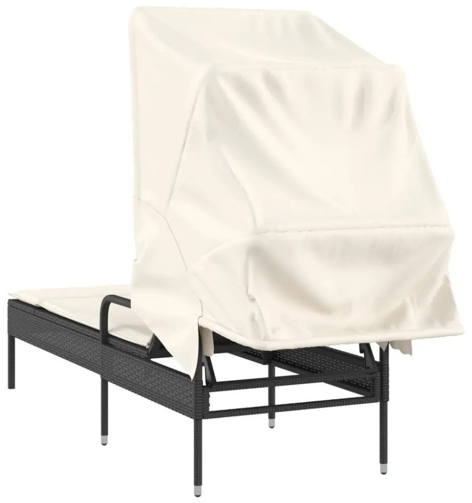 fekete polyrattan napozóágy tetővel