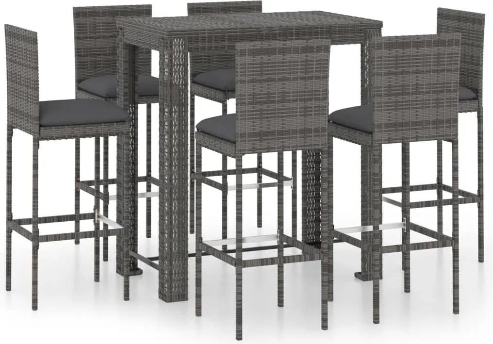 vidaXL 7 részes szürke polyrattan kültéri bárszett párnákkal