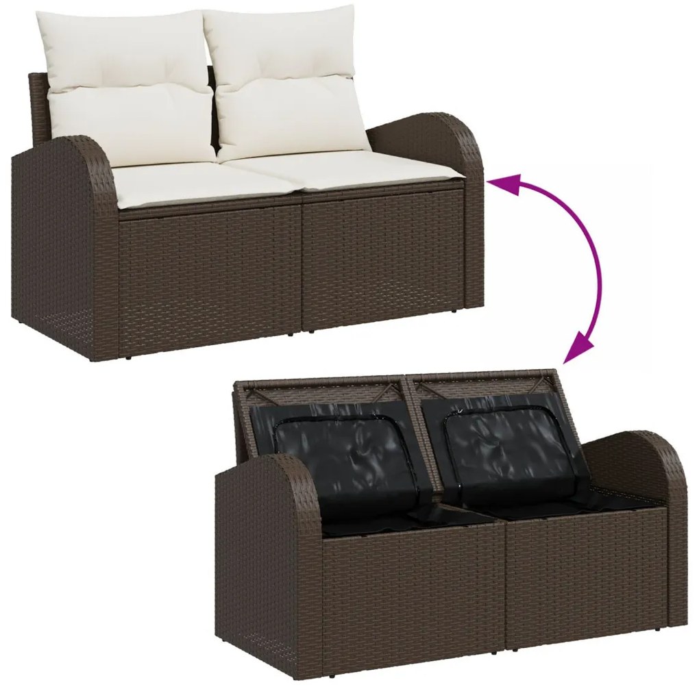 4 darabos kert kanapé készlet párnákkal barna poli rattan, 2 fős kert kanapé tárolóval és párnákkal barna poli rattan