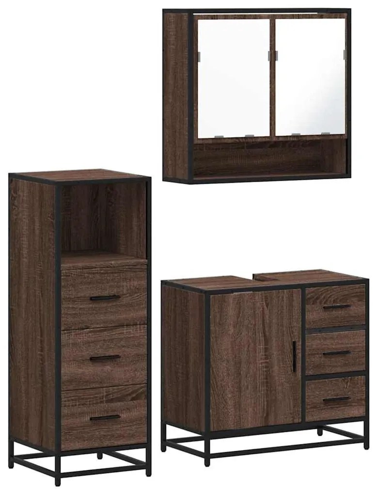 3 részes barna tölgy színű szerelt fa fürdőszobai bútorszett