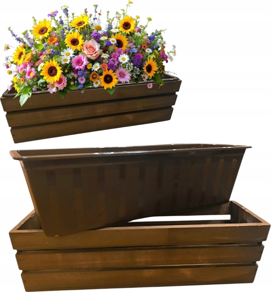Erkélyláda fa barna 40cm fedő virágtartó műanyag betét