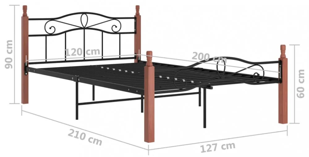 fekete fém és tömör tölgyfa ágykeret 120 x 200 cm