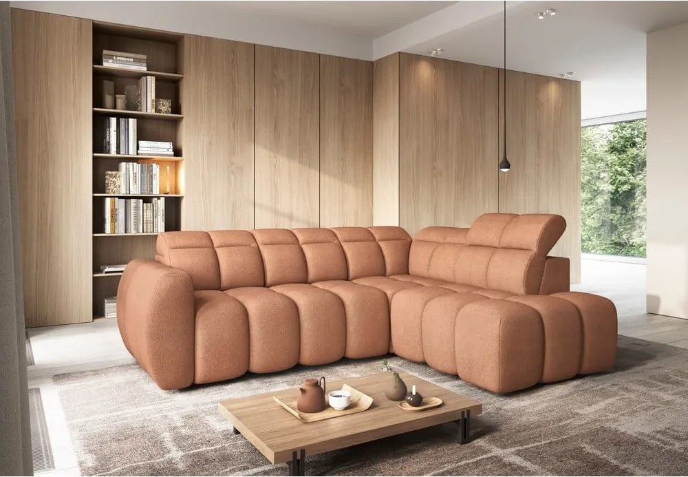 Lazacszínű buklé kinyitható-tárolóhelyes sarokkanapé (jobb oldali-L alakú) Falconn – ELTAP