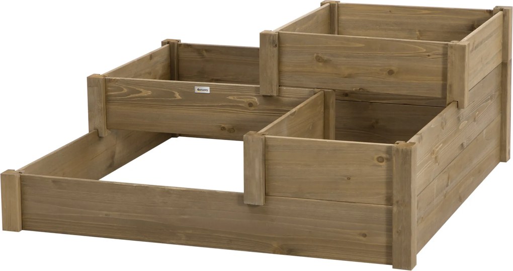 Outsunny emelt ágyásos zöldségágy virágoskert 3 lépcsővel, növényláda fűszernövényeknek teraszon és erkélyen, fenyőfa, barna, 122 x 122 x 51 cm | Aoso