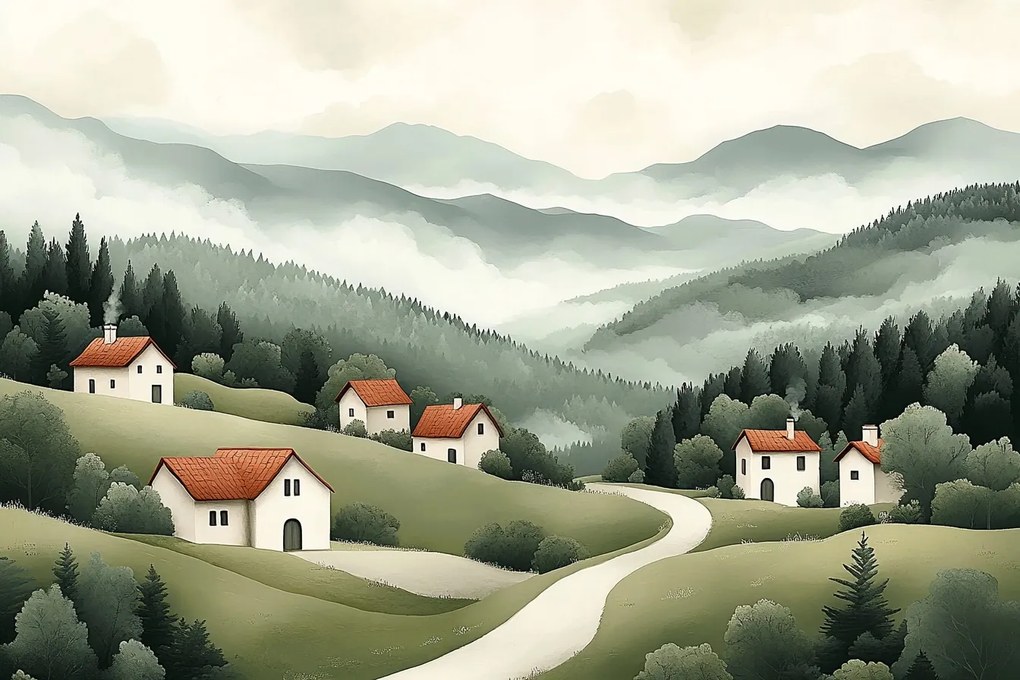 Fotótapéta Flizelina Gyerekek Tájkép Hegyek Falu Házak Út 368x254 ragasztó