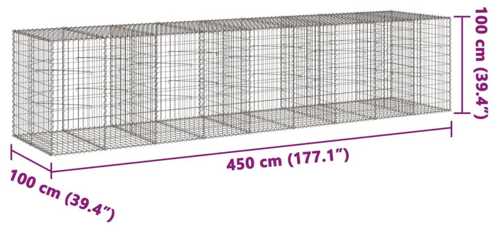 horganyzott vas gabion kosár fedéllel 450 x 100 x 100 cm