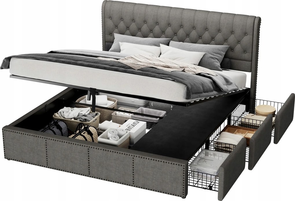 Kárpitozott ágy, hidraulikus ágy 160x200cm 3 fiókos Fehérnemű Szürke