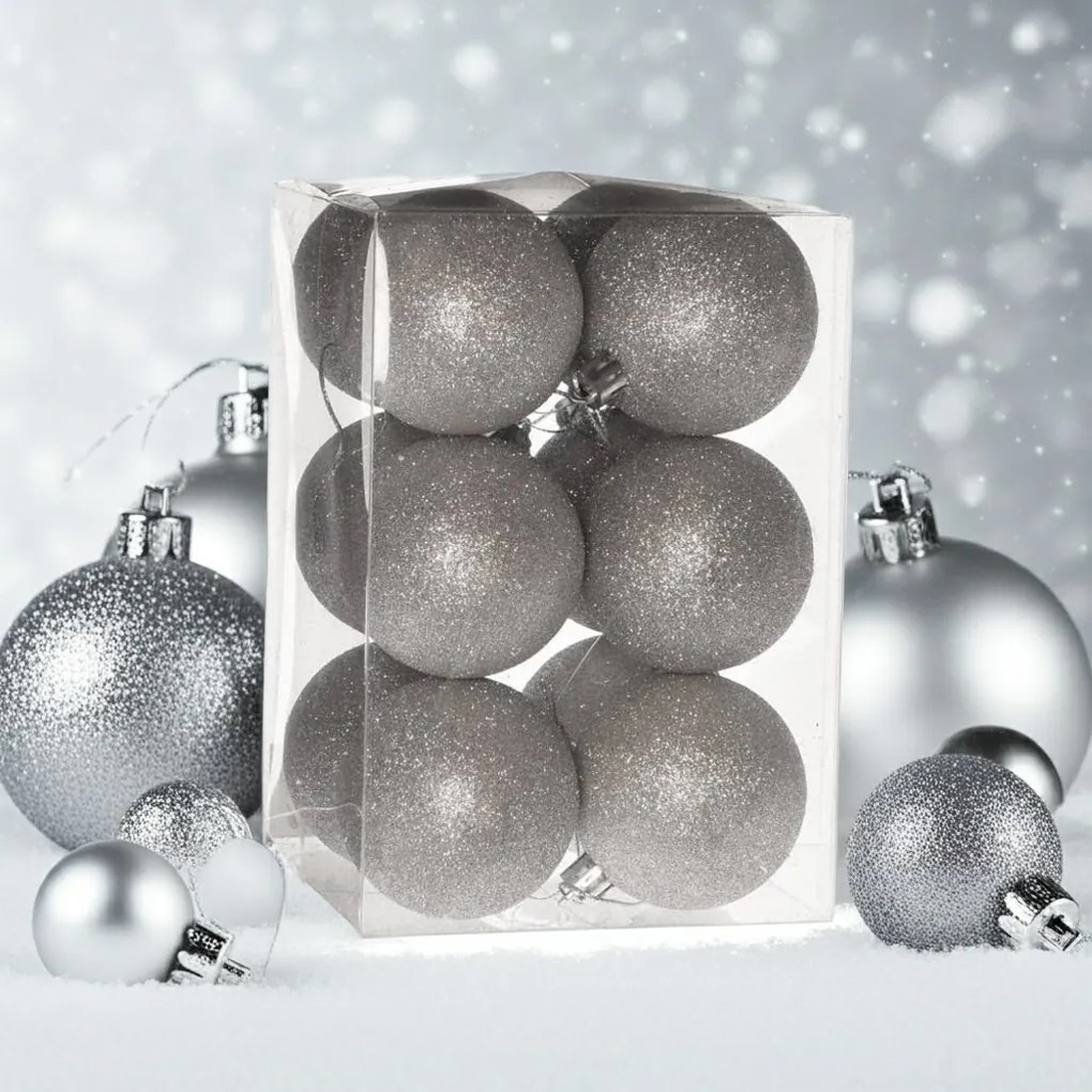 Ezüst glitteres műanyag karácsonyi gömb szett 12x6cm
