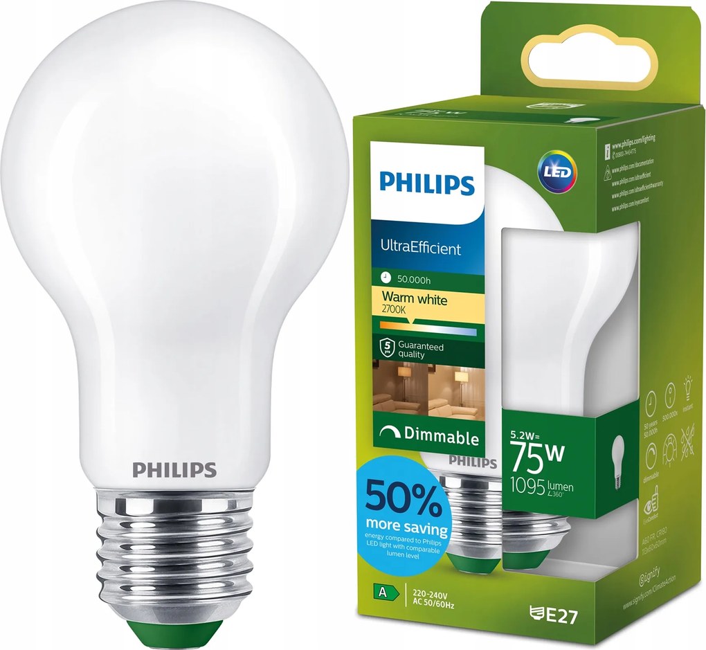 Led izzó E27 A60 5.2W 75W 212lm/W 2700K A-osztály Tompítható Philips