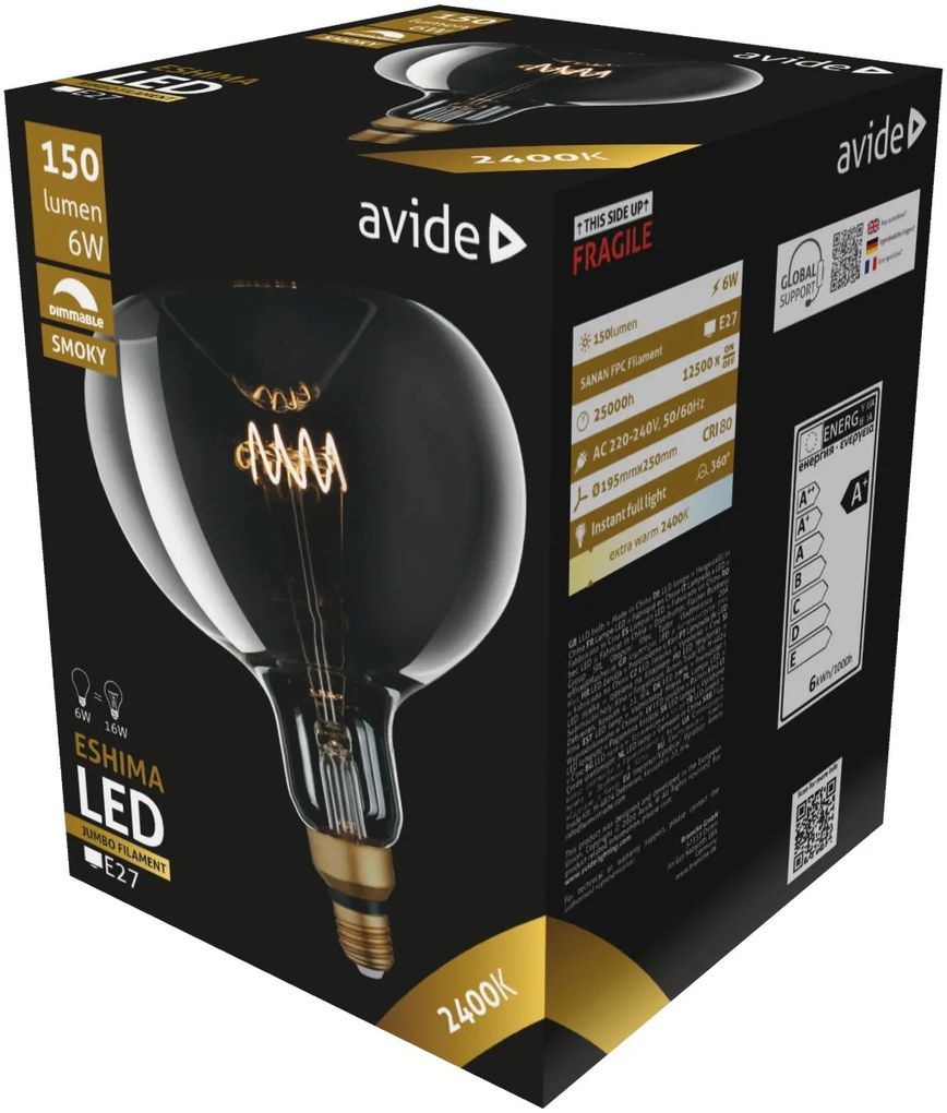 Avide LED Jumbo Filament Eshima 190x255mm Smoky 6W E27 2400K Fényerőszabályzós