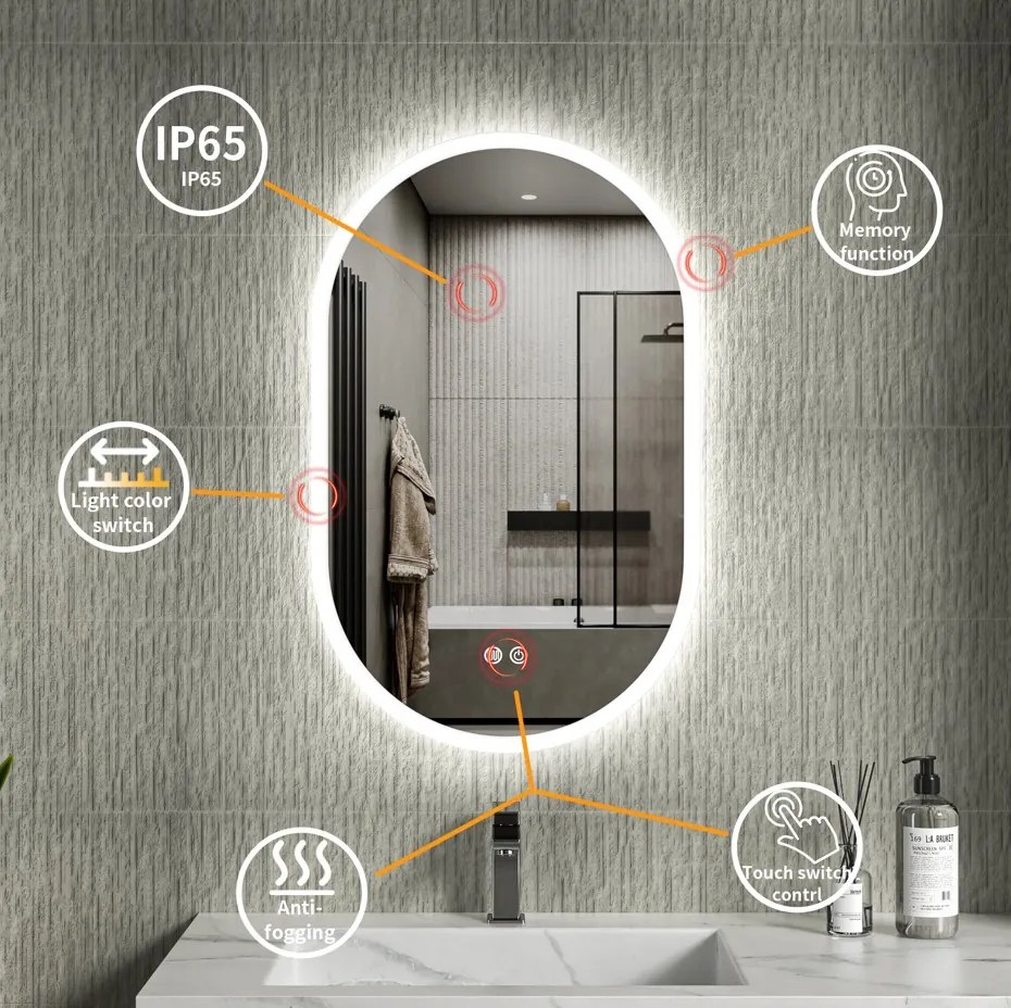 Erga Demi, ovális LED tükör 50x80cm, 3 színű fény, első világítás, páramentes fűtőbetét, ERG-V01-Demi-5080-CL