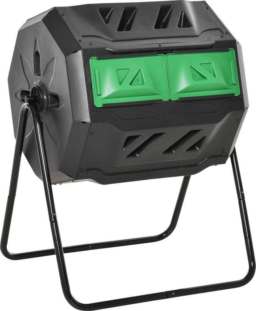 Outsunny Komposztermelő 160L, 71cm x 65cm x 96cm Forgatható Gyors Komposzteres, Műanyagból Készült, 2 Kamrás Thermokomposztáló, Szerves és Kerti Hulla