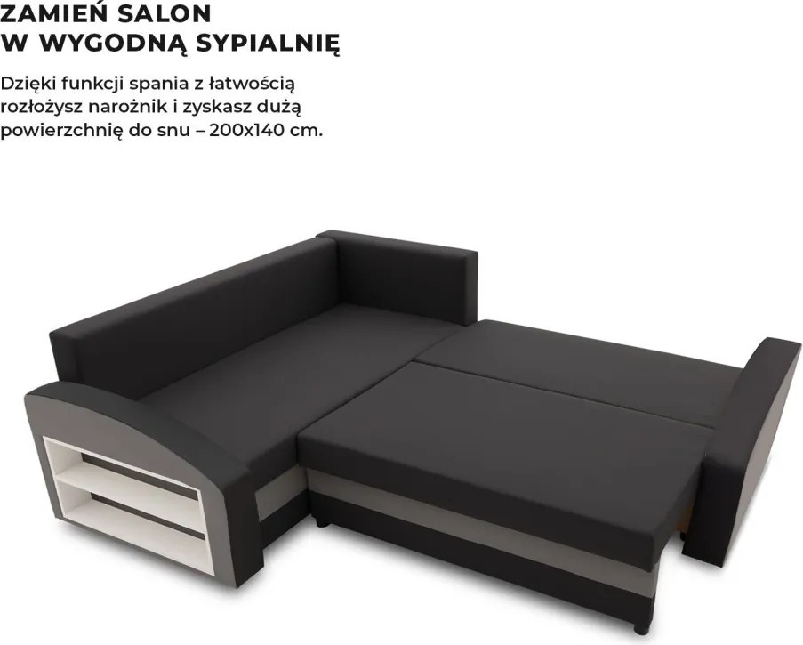 Grande sarokkanapé polcokkal , polc a bal karfaban, baloldali, szövet anyag, bonell töltet, fekete - szürke