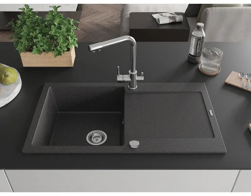 Mexen Leo, gránit mosogató 900x500x190 mm, 1 kamrás és Duero króm csaptelep, fekete foltos, 6501-76-671600-00