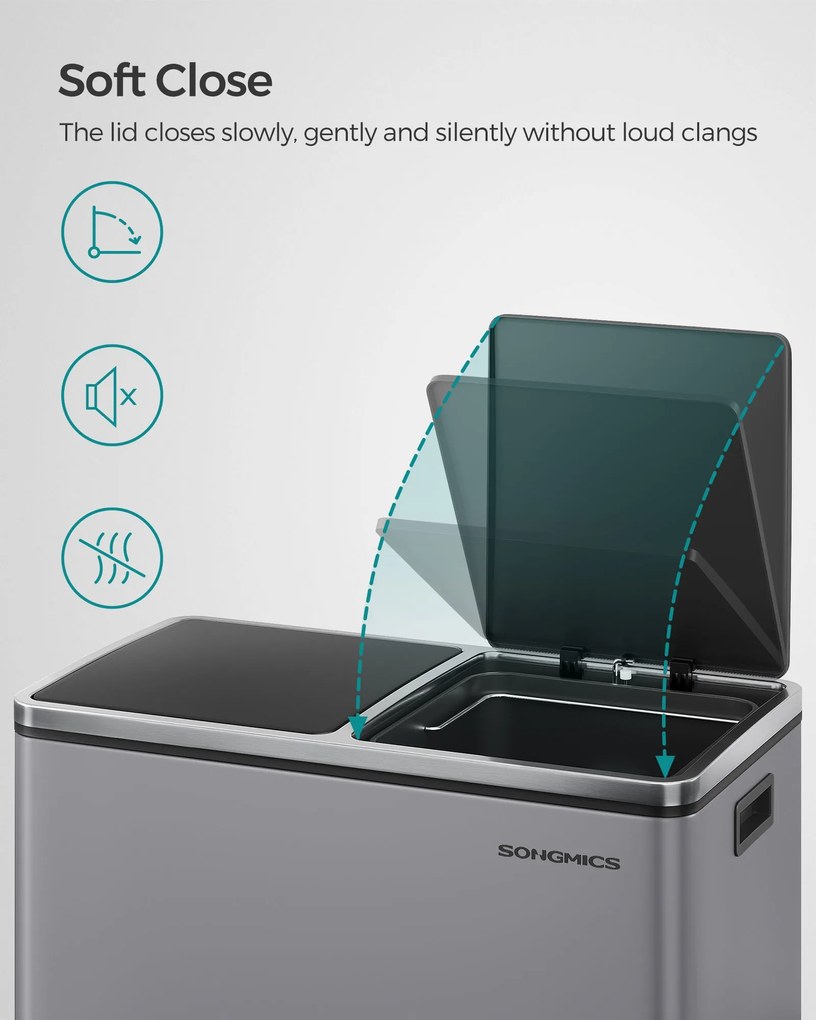 2 rekeszes pedálos recycling szemetes lágy záródással, szürke fém