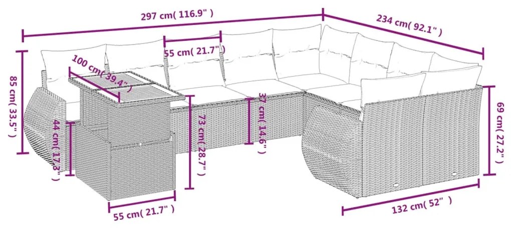 10 részes fekete polyrattan kerti ülőgarnitúra párnákkal