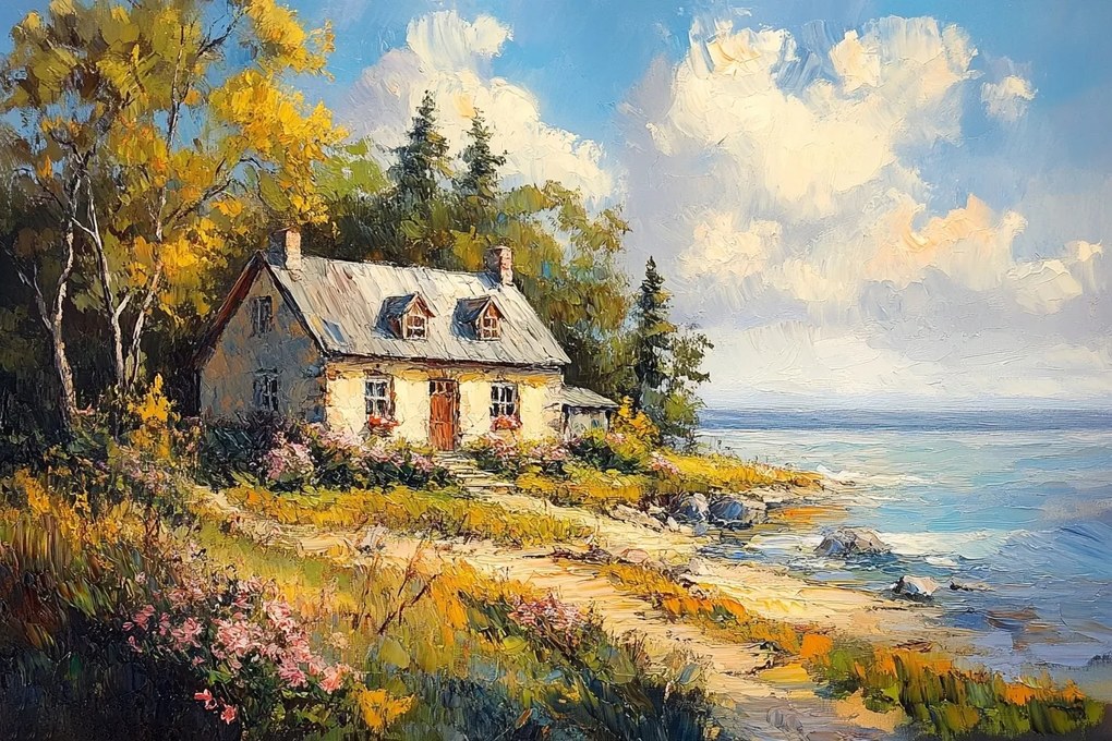 Vászonkép Canvas Tájkép Ház Tengerpart Virágok Hygge 60x40