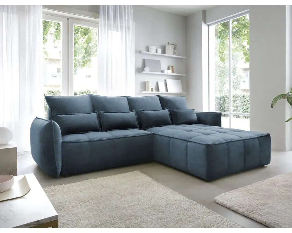 Kék bársony kinyitható-tárolóhelyes sarokkanapé (jobb oldali-heverő résszel) Campo – ELTAP