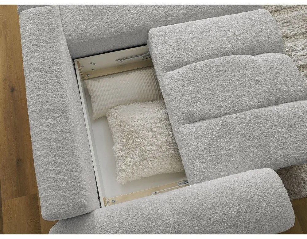 Világosszürke buklé kinyitható-tárolóhelyes sarokkanapé (jobb oldali-heverő résszel) Roxelane – Bobochic Paris