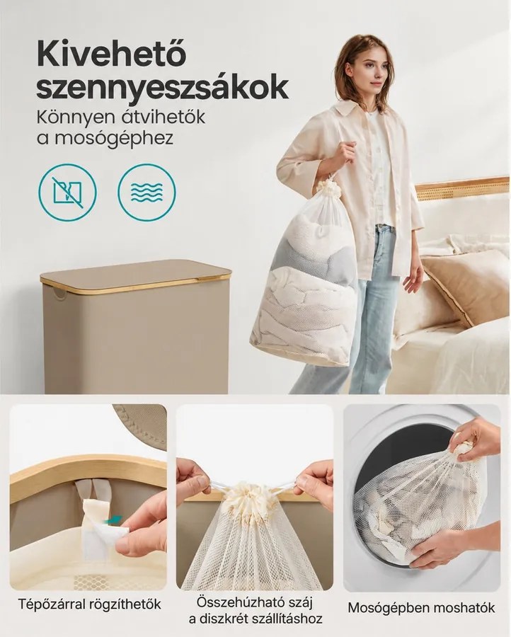 SONGMICS 3 rekeszes fedeles szennyeskosár, 150 L (60 x 38,5 x 70,5 cm), teveszín barna