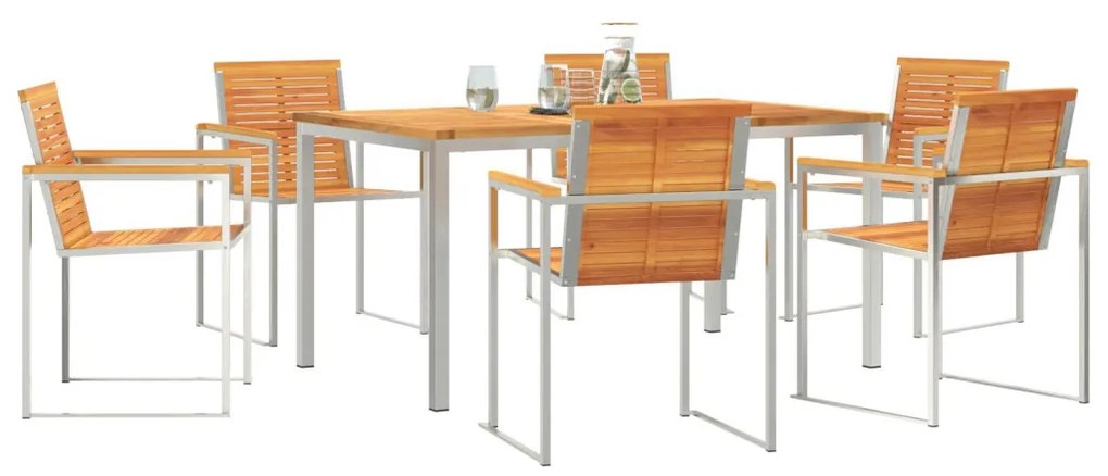 7 Darabos Kert Étkezőszett Tömör Akácfából, Kültéri Étkezőasztal 150x90x75 cm Tömör Akácfából