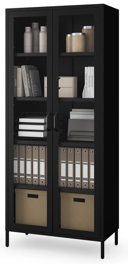 ANGELO üveges vitrin nappaliba – fekete fém, 800 x 1850 x 450 mm