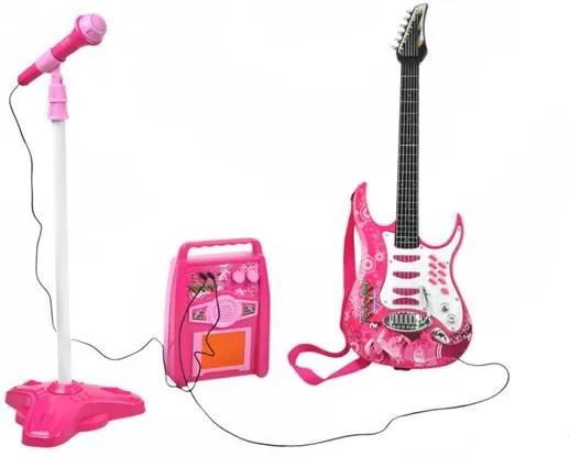 ISO Gyerek elektromos gitár akkumulátoron + erősítő és mikrofon, rózsaszín, 4709