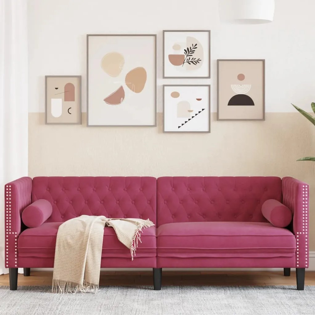 3 személyes bordó bársony Chesterfield kanapé hengerpárnákkal