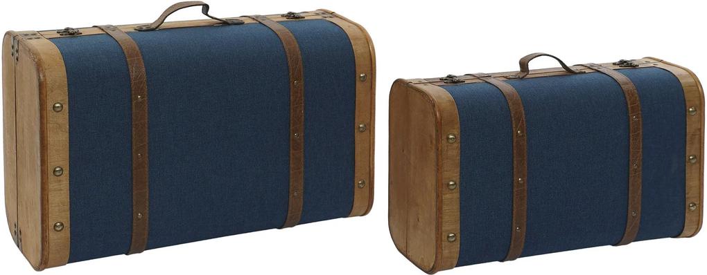 Fa tároló láda 2 db-s bőrönd forma kék vászon borítással
