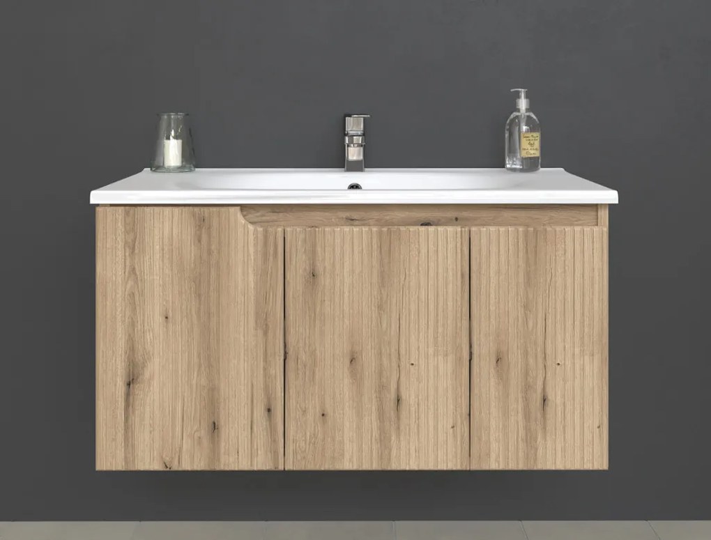 Piramida EURIDIKA fali fürdőszobabútor - műmárvány mosdóval -3 ajtós - PINO TÖLGY - 100 x 48 x 53 cm