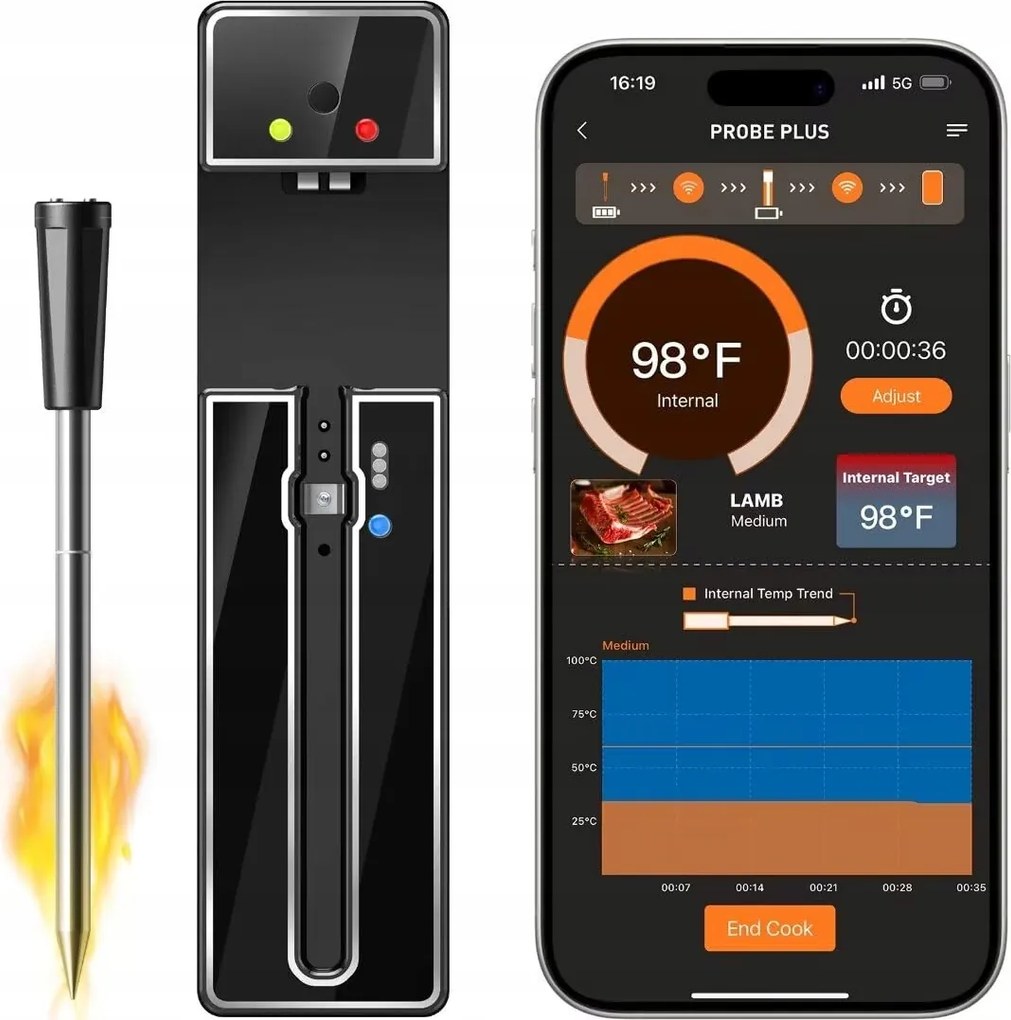 Konyhai Hőmérő szonda Bluetooth alkalmazás vezérlés rozsdamentes acél