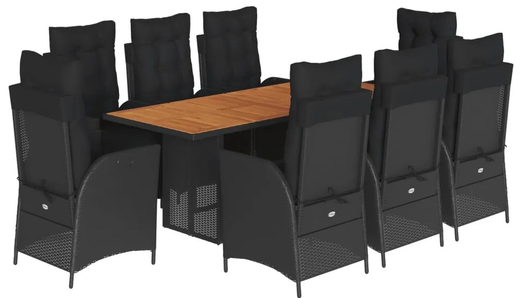 9 részes fekete polyrattan kerti étkezőgarnitúra párnákkal