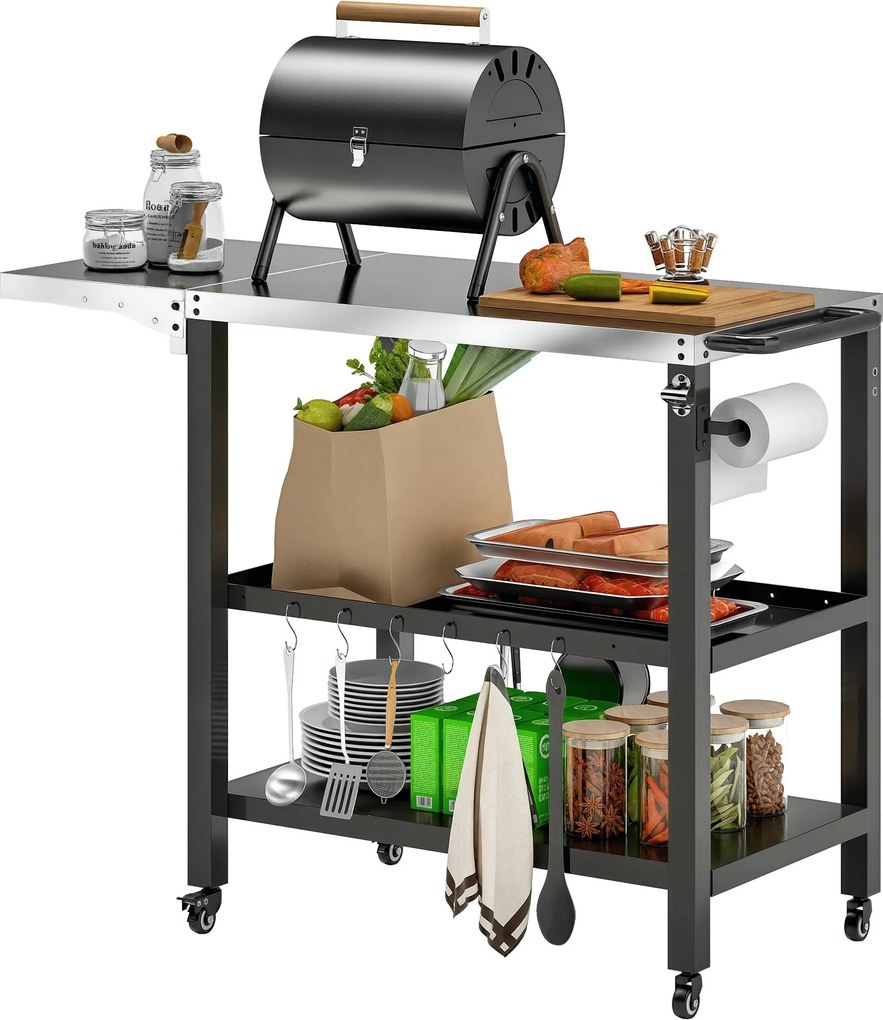 Outsunny 3-Szintes Grillkocsi BBQ Trolley Szolgáltatókocsi Kerekekkel Rozsdamentes Acél Felsőrésszel Összecsukható Oldalsó Asztal és Fogantyú Pizzasüt