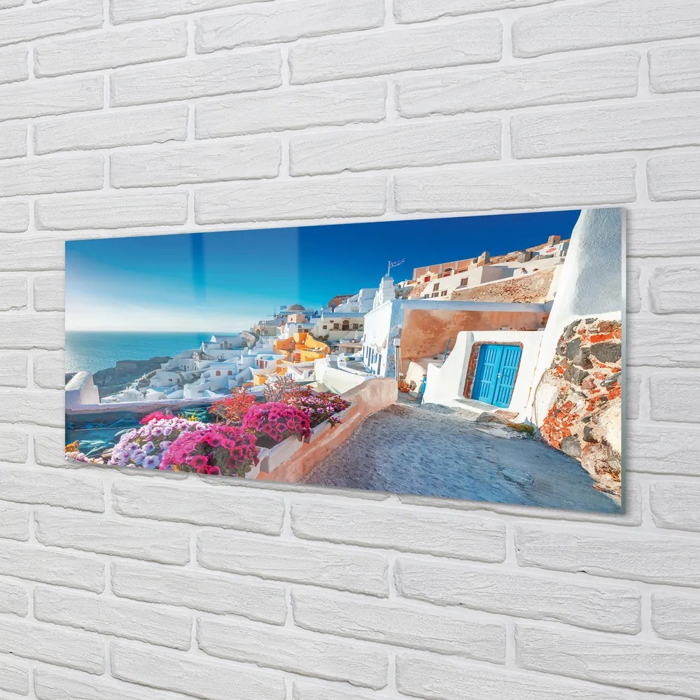 Üvegképek Épületek Görögország tenger virág 125x50 cm