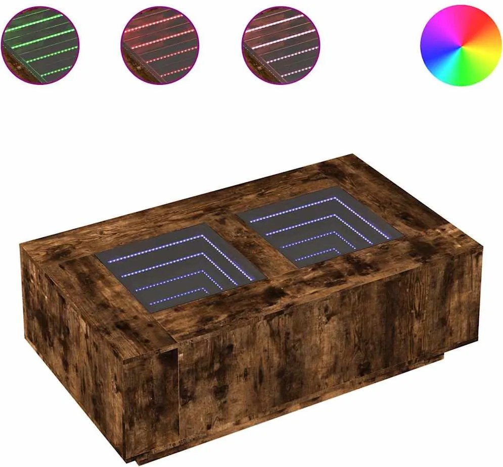 vidaXL tölgy színű végtelen hatású LED-es dohányzóasztal 116x69x40 cm