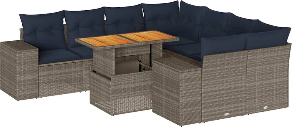 vidaXL 9 részes szürke polyrattan kerti ülőgarnitúra párnákkal