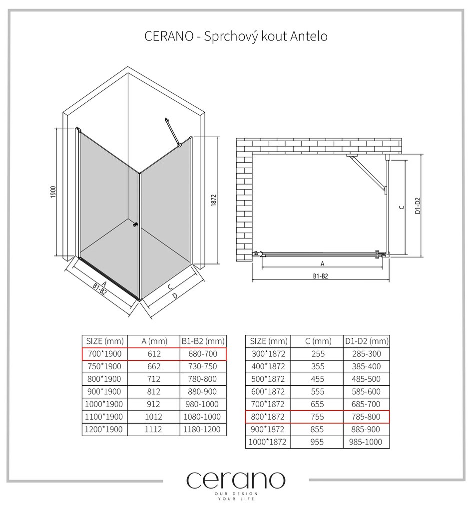 CERANO - Zuhanykabin Antelo L/P - fekete matt, átlátszó üveg - 70x80 cm - szárny, CER-CER-482167