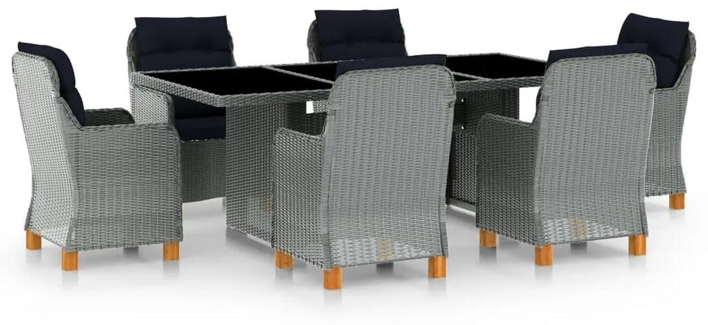 vidaXL 7 részes világosszürke polyrattan kültéri étkezőszett párnákkal