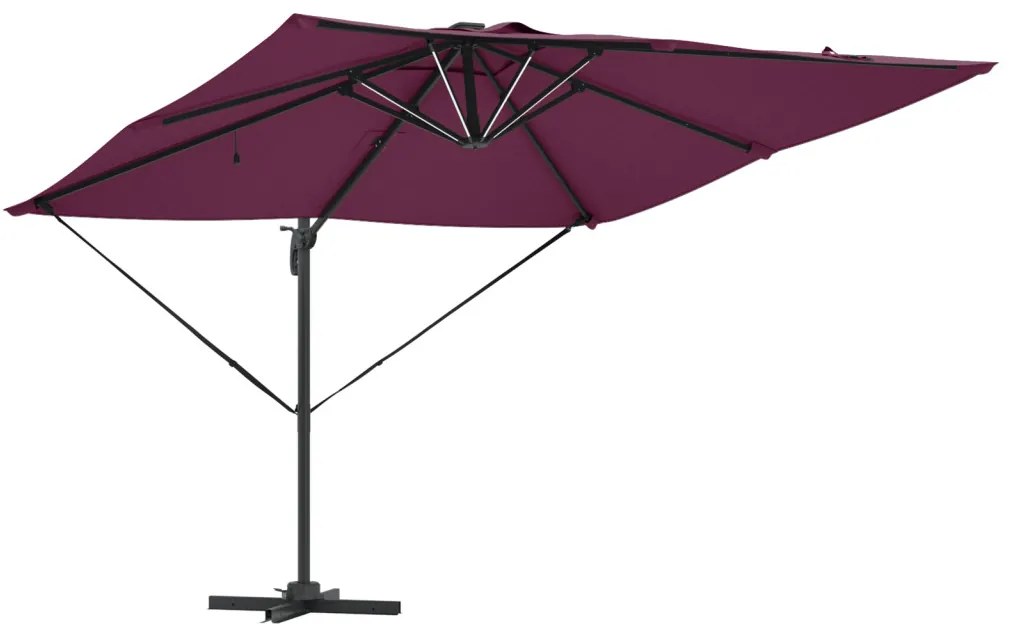 Cantilever Roma napernyő LED világítással, Bordeaux vörös, 286 x 285 x 270 cm alumínium.
