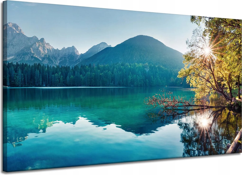 Vászonkép Nap a hegyek felett Tó Víz Nyugalom 120x70 cm