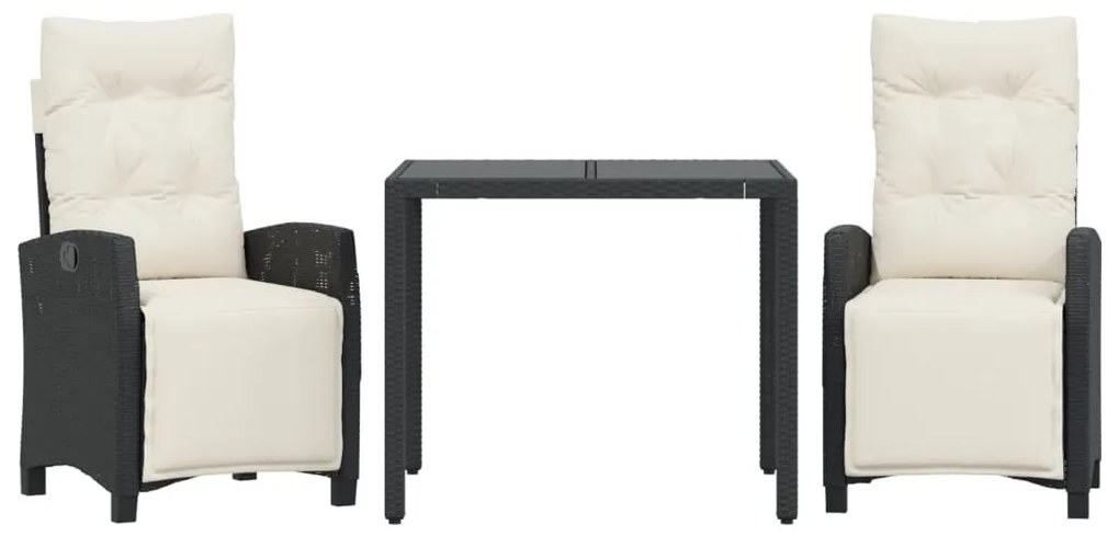 3 részes fekete polyrattan kerti étkezőgarnitúra párnákkal