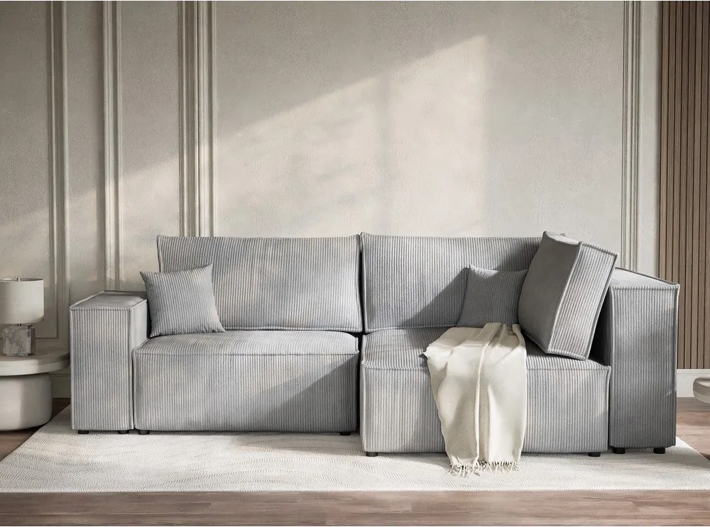 Szürke kordbársony kinyitható-tárolóhelyes sarokkanapé (jobb oldali-L alakú) Tonga – Maison de Rêve