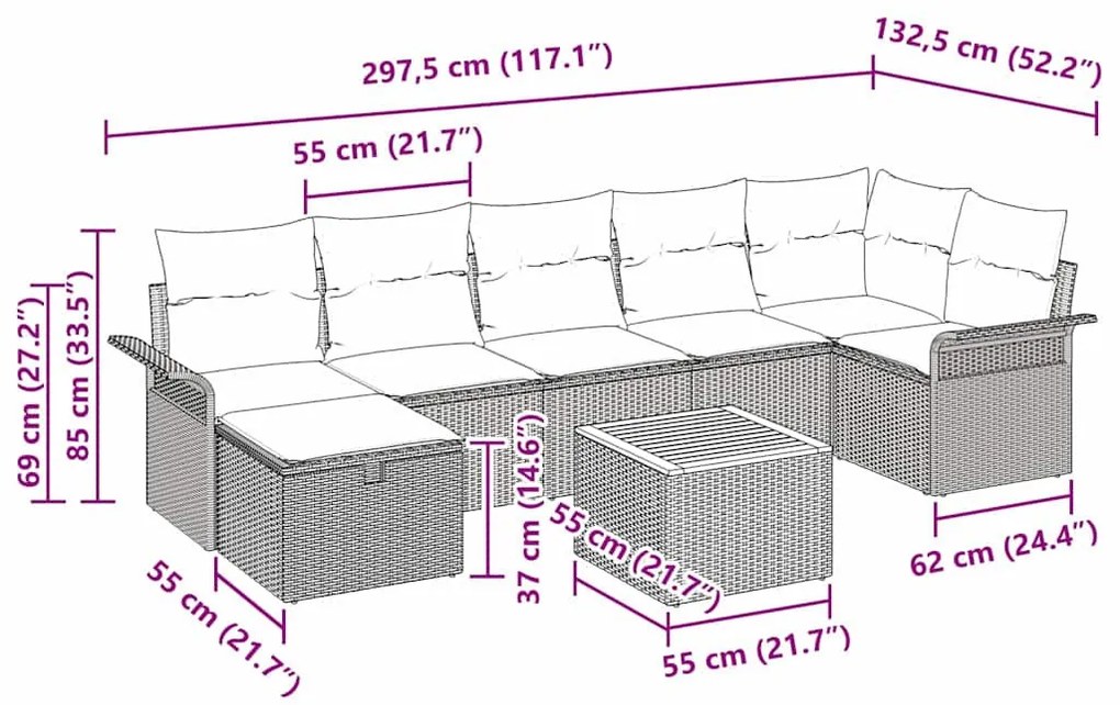 Kerti Kanapé Szett 8 pcs Bézs polirattan