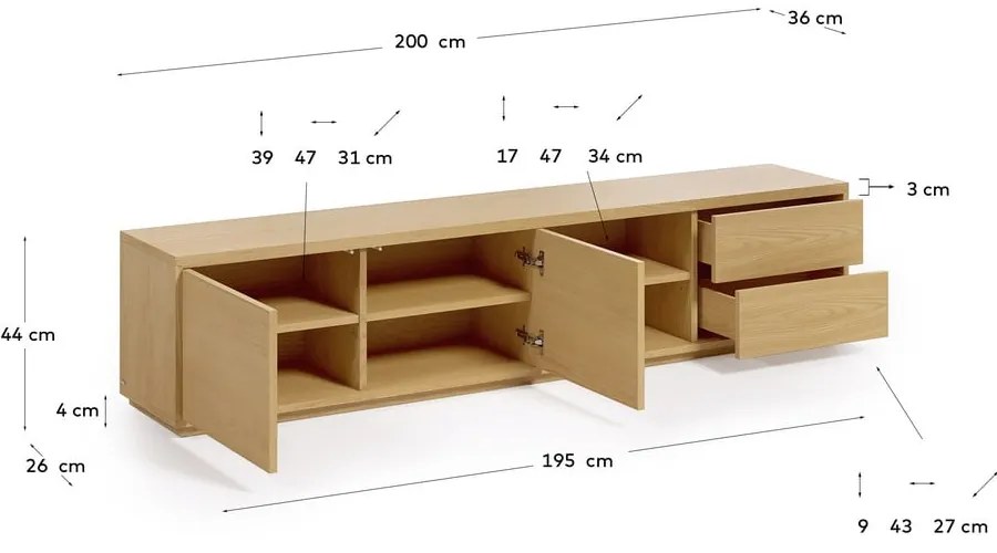 Természetes színű TV-állvány tölgyfa dekorral 200x44 cm Abilen - Kave Home