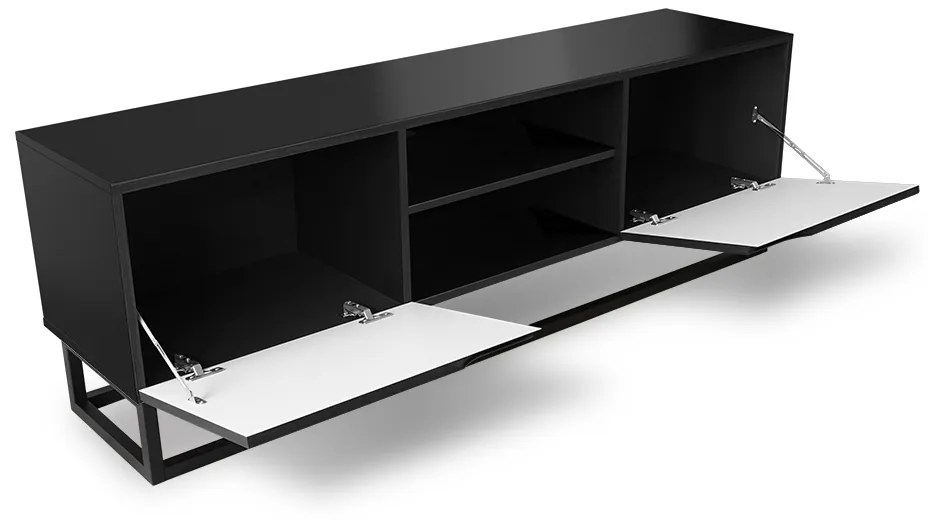 Loftia Mini TV-szekrény 160 cm nyitott polcokkal és fém vázzal - fekete / fekete matt