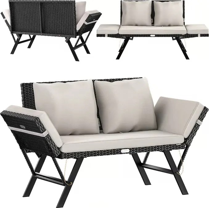 Kerti pad 2in1 polirattanból 176 × 56 × 81 cm fekete / krém